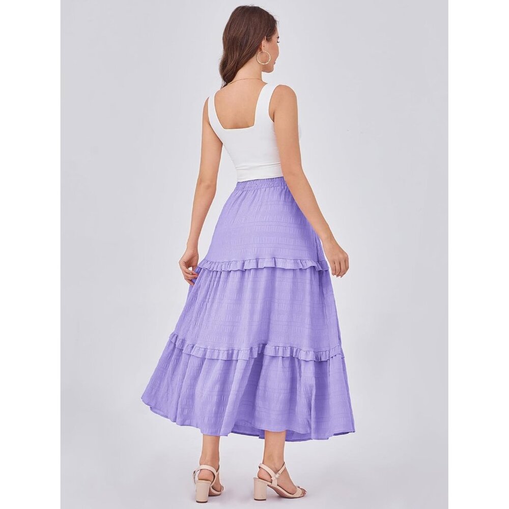 Women's Purple Casual Elegant A Line Flowy Ruffle Tiered Long Pockets Maxi Skirt - Picture 4 of 5